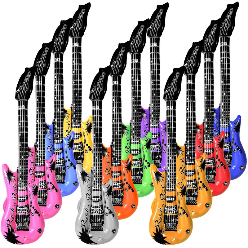 Novelty Place 12Pcs Inflatable Guitar for Kids - 35In Blow Up Electric Guitars Assorted Colors, Waterproof Inflatable Rock Star Guitar Toy for 80s 90s Musical Concert Themed Party Favor - Image 1